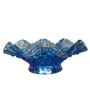 Vtg FENTON Crimped Hobnail Aqua Blue Carnival Glass 8" Bowl (Base for 3 Epergne)